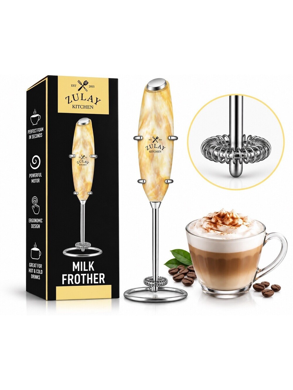 🤎 Zulay Kitchen Milk Frother – Smoky Marble – Single Whisk – New